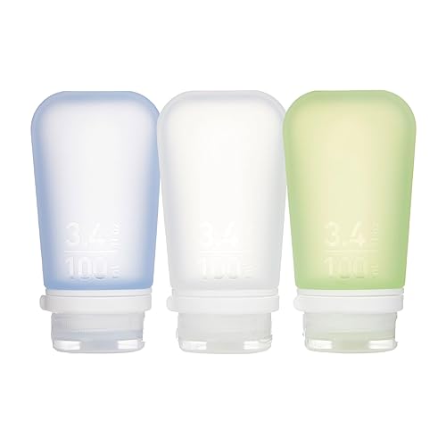 humangear GoToob+ 3-Pack (Large)  Refillable Silicone Travel Bottle  Locking Lid  Food-Safe Material  Clear/Green/Blue  Large (3.4 fl.oz.; 100ml)